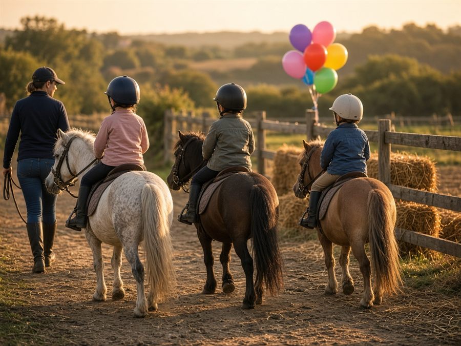 Enfants à poney encadrés lors d'un anniversaire à l'écurie