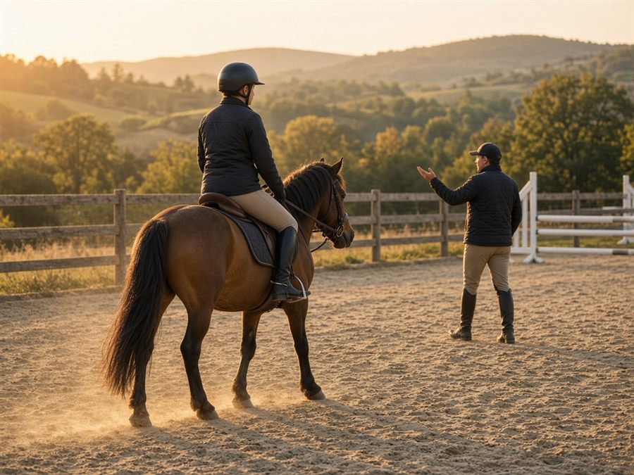 Cours d'équitation dans la carrière, une cavalière et son moniteur