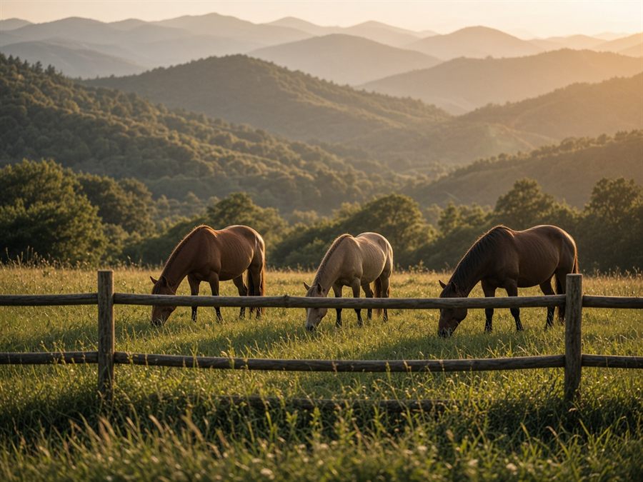 Chevaux au pâturage dans les prés de l'écurie, en fin de journée